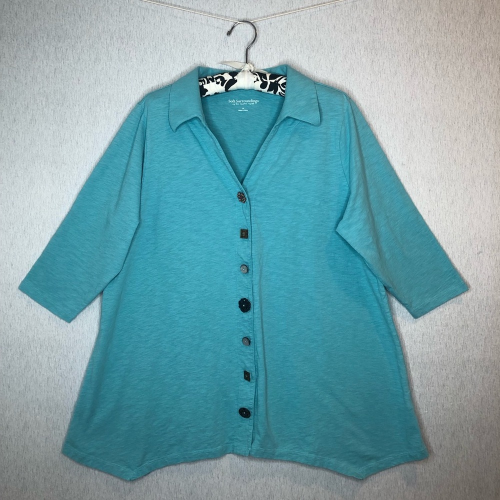 Soft Surroundings Danielle Button Top 3/4 Sleeve Turquoise Size 1X - Picture 1 of 14